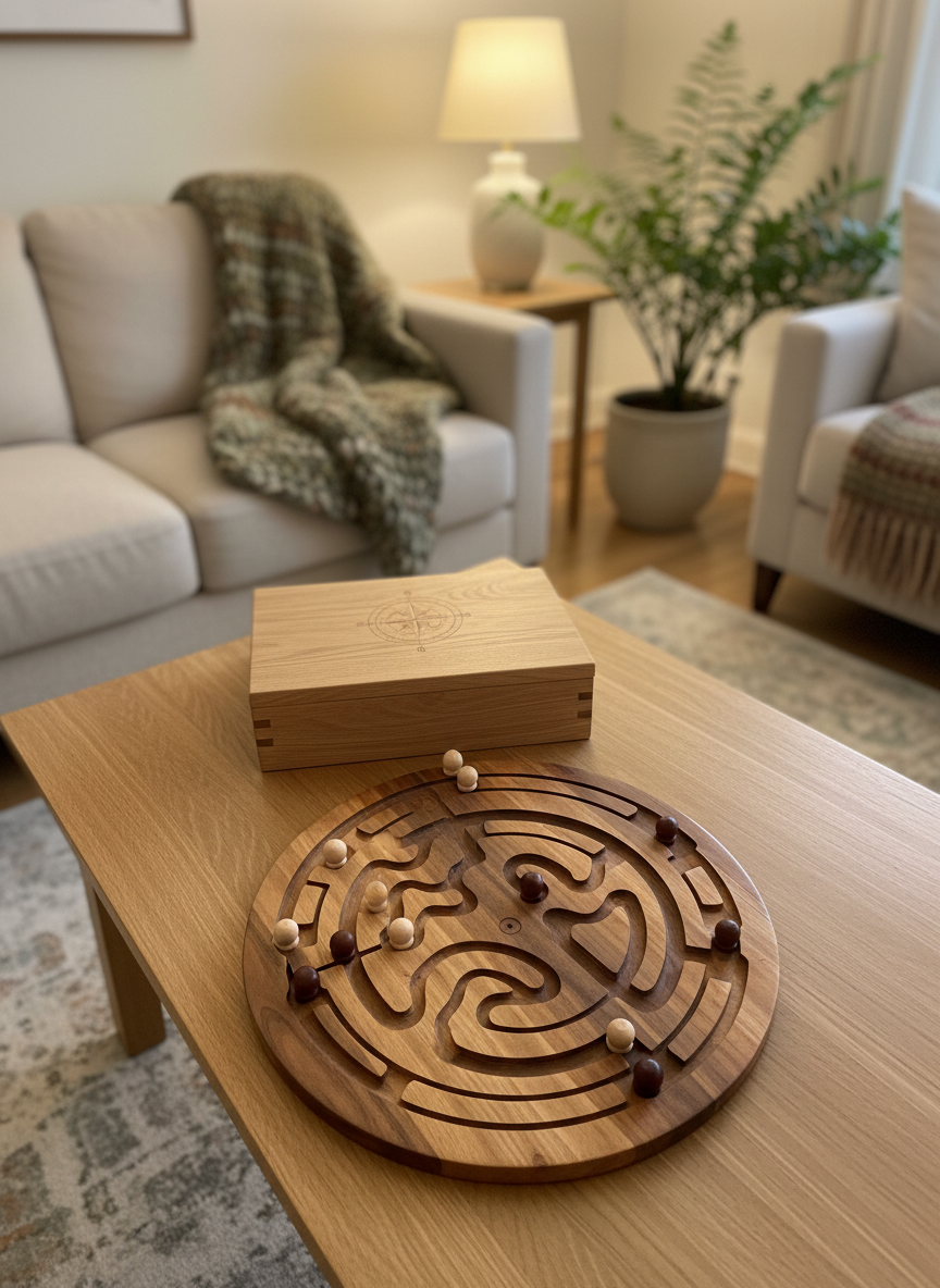A bird’s-eye, photographic view of a handcrafted wooden board game set laid out on a smooth, light-oak coffee table in a cozy living room. The game board features precisely carved channels and inlaid darker wood accents, with small polished wooden playing pieces arranged mid-game. Beside it, a matching lidded storage box displays tight joinery and a subtle engraved compass rose on the lid. In the blurred background, a simple sofa with a woven throw and a potted fern suggest a relaxed, homey space. Soft overhead and side lighting combine to create even illumination with gentle reflections along the finished wood surfaces. The mood is inviting and family-oriented, emphasizing durable craftsmanship, attention to detail, and the joy of custom-made wooden games.