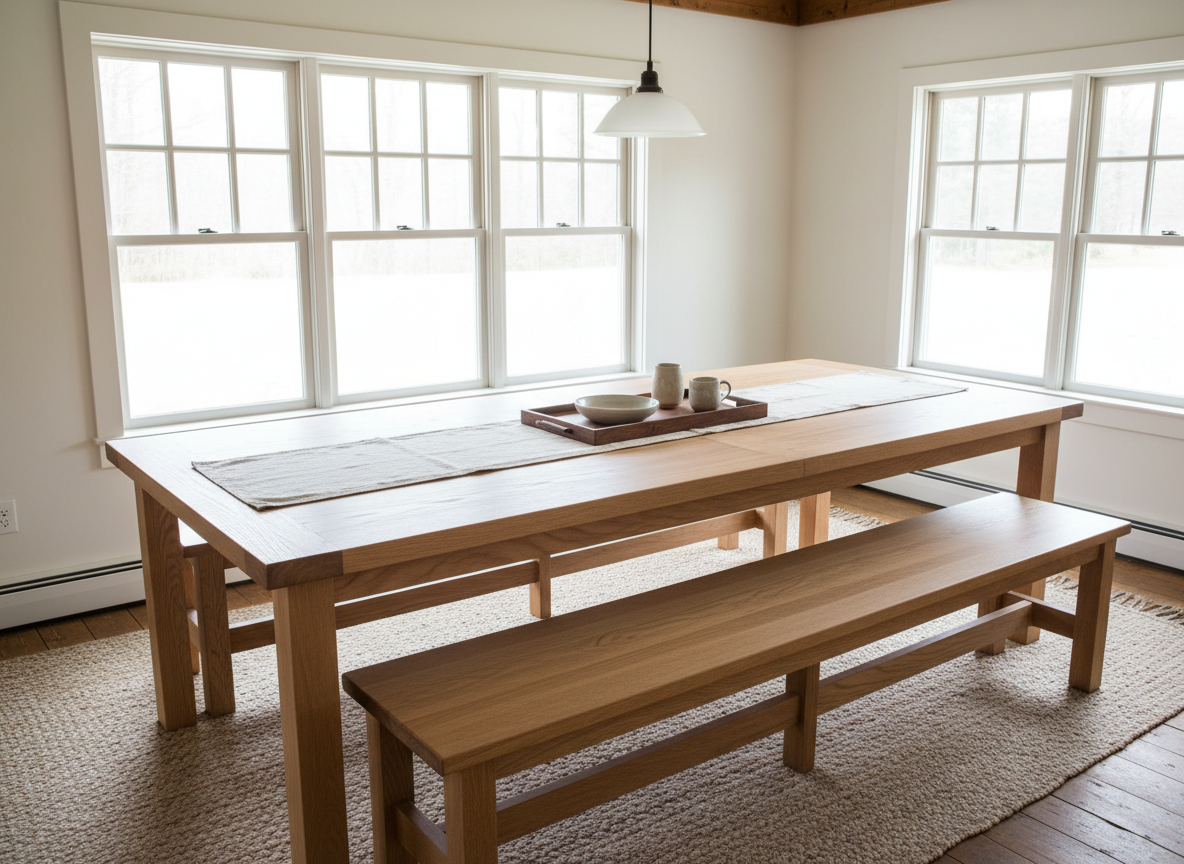 A wide, photographic shot of a handcrafted dining table set in a sunlit Maine farmhouse kitchen. The table, made from solid white oak with a subtle matte finish, features breadboard ends and carefully rounded corners. Matching benches tuck neatly underneath, their joinery clean and precise. On the tabletop, a simple runner and a wooden tray made from contrasting walnut hold a few neutral ceramic pieces. Large windows in the background flood the room with soft, natural daylight, catching the gentle sheen of the finish and revealing the rich grain across the tabletop. The composition uses a slightly elevated angle to show the full table surface, with a bright yet cozy atmosphere that communicates durability, craftsmanship, and the bespoke nature of the furniture.
