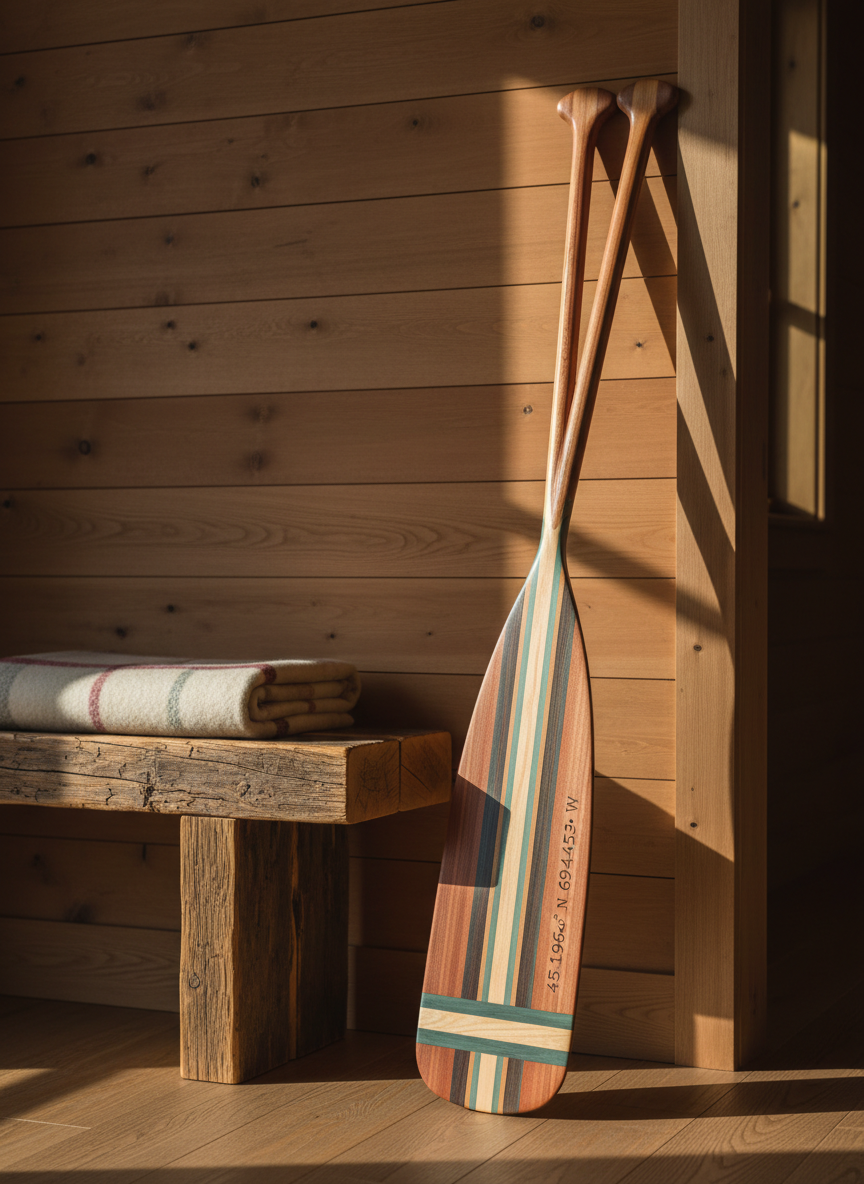 A pair of handcrafted wooden canoe paddles leaning against a paneled wood wall in a lakeside cabin interior, their blades facing forward to showcase intricate painted striping and engraved coordinates of a Maine lake. The rich cherry and ash woods have a satin finish that reveals delicate grain patterns. A low bench made from reclaimed beams sits nearby with a folded wool blanket adding subtle texture. Golden hour light streams in from an unseen window to the right, catching the curves of the paddle shafts and creating soft, elongated shadows on the floor. Photographic realism, shot from a slightly low angle to give the paddles presence, with a calm, rustic, and upscale mood that highlights custom craftsmanship and regional character.