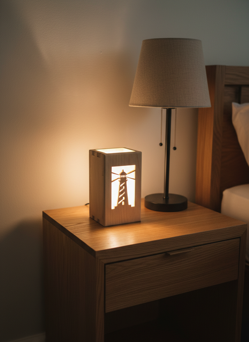 A warmly lit corner of a bedroom featuring a custom wooden nightstand and a handcrafted wood nightlight casting a gentle glow. The nightlight is a small rectangular box made of pale maple, with a laser-cut silhouette of a lighthouse on the front panel; the internal light shines through, projecting a soft, intricate pattern on the nearby wall. The nightstand, made from quarter-sawn oak, shows beautiful ray flecks and precise, clean edges. A simple, neutral-toned linen shade lamp sits unlit nearby. Photographic realism, captured at eye level with a slightly angled composition, highlighting the play of light and shadow on the wood grain. The atmosphere is serene and comforting, underscoring the custom, handcrafted nature of the decor.