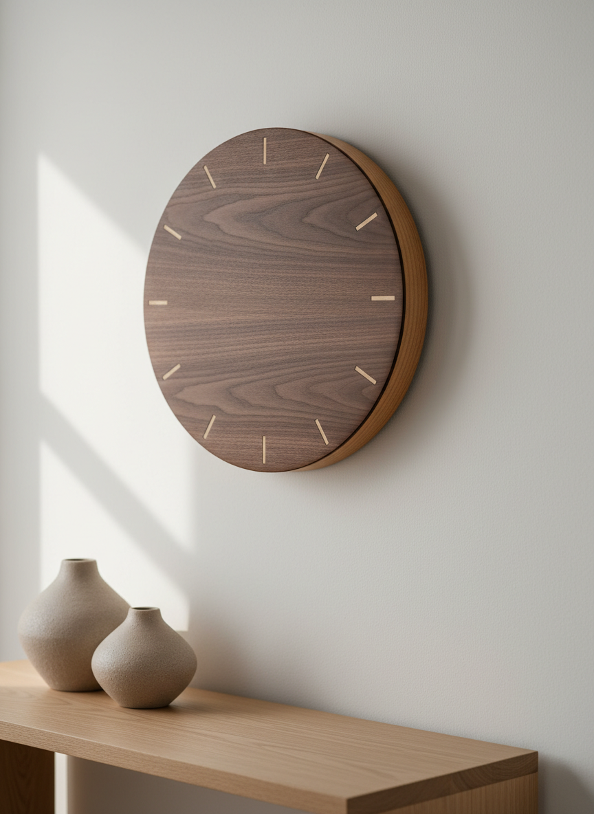 A close-up, photographic image of a handcrafted wooden wall clock made from contrasting walnut and maple, its face perfectly smooth with subtly beveled edges and fine, precise inlays for the hour markers. The clock hangs on a matte, off-white wall above a simple wooden console table, where a few neutral-toned ceramic vases rest. Soft, diffused morning light from the left creates gentle highlights along the clock’s polished surface and casts a delicate shadow on the wall. The composition follows the rule of thirds, with the clock slightly off-center, and a shallow depth of field keeps background decor pleasantly blurred. The mood is refined and professional, emphasizing craftsmanship, the warmth of natural wood, and a custom, heirloom-quality feel.