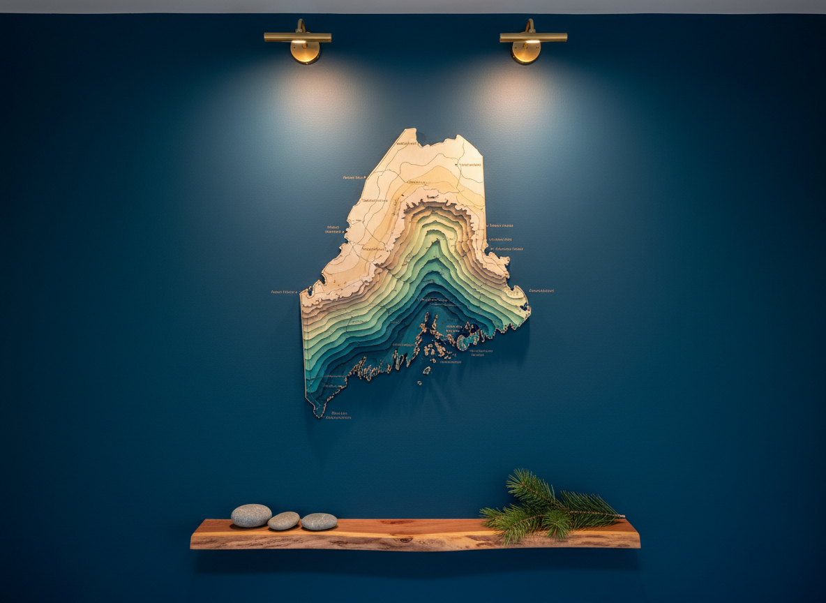 A detailed, photographic image of a wooden topographic map of the Maine coastline mounted on a deep blue accent wall. Layers of precisely cut birch ply show varying elevations, each stained a slightly different coastal hue, from sandy beige to deep ocean teal. Fine engraved place lines and island shapes add intricate texture. Below, a narrow floating shelf made of live-edge cherry holds a few smooth beach stones and a small evergreen branch, tying the piece to nature. Soft, directional gallery-style lighting from above creates subtle shadows between the layers, emphasizing depth and craftsmanship. Shot straight on with sharp focus throughout, the mood is sophisticated and nautical, showcasing custom cartographic artistry in wood.